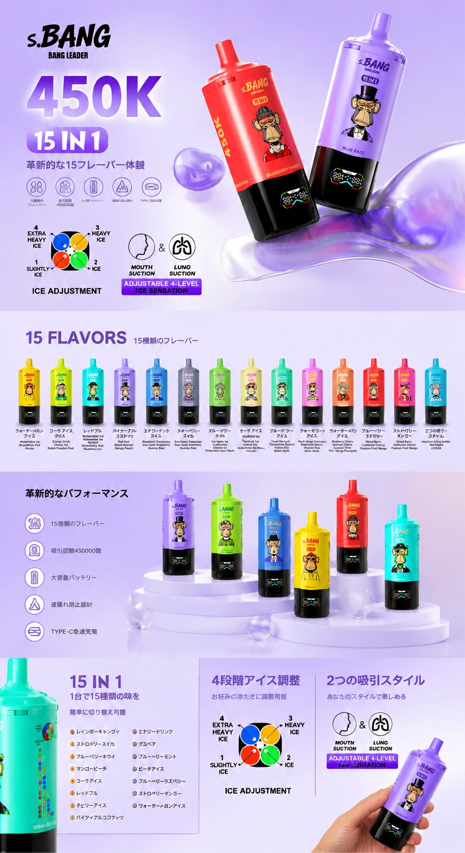 Bang Leader 450K 使い捨て電子タバコ：1本で15種類のフレーバー、豊富なフレーバーオプション